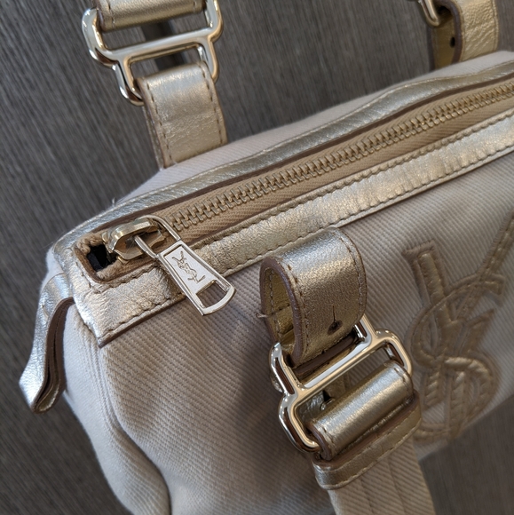 YSL: Metallic Mini Boston Kahala Canvas Leather Tote Shoulder Bag - Picture 8 of 16